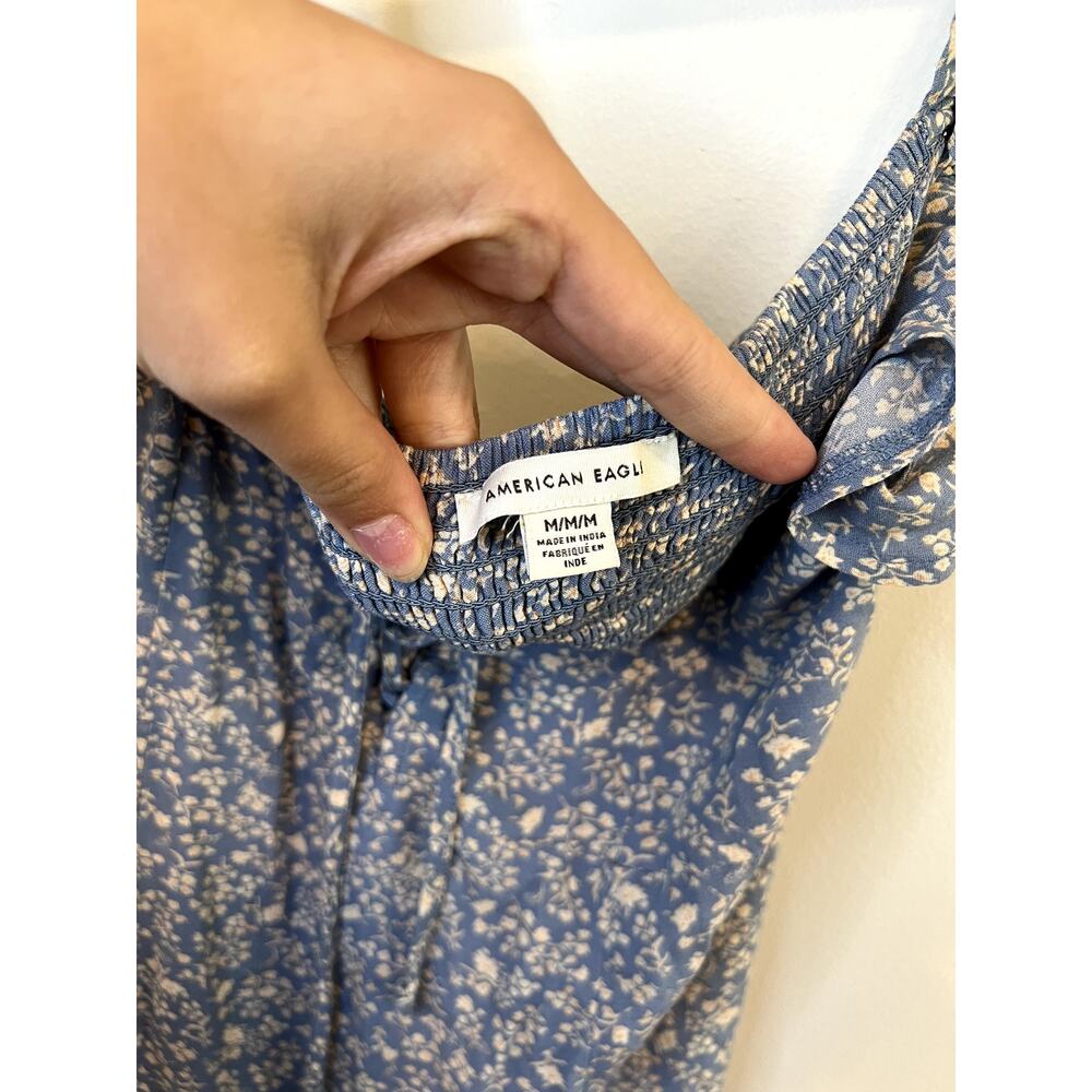 American Eagle Blue Floral Ruffle Hem Mini Dress Smocked Back Medium - Picture 3 of 4